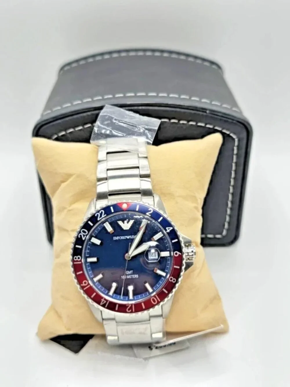 Emporio Armani AR11590 Mens GMT Watch Blue Red Bezel Stainless Steel Bracelet